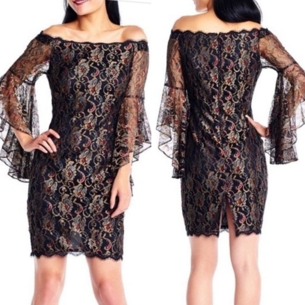 Adrianna Papell Black Metallic Lace Mini Dress Bell Sleeves Off The Shoulder